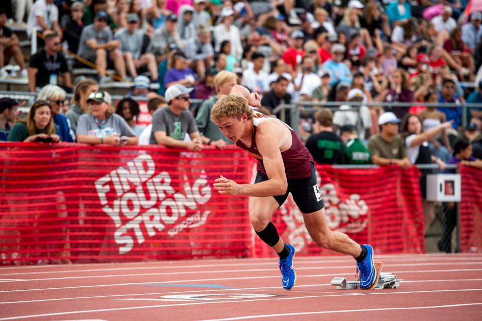 Windsor's Mikey Munn starts off the 4A boys 400 during the Colorado track and field state championships on Saturday, May 17, 2024 at Jeffco Stadium in Lakewood, Colo.