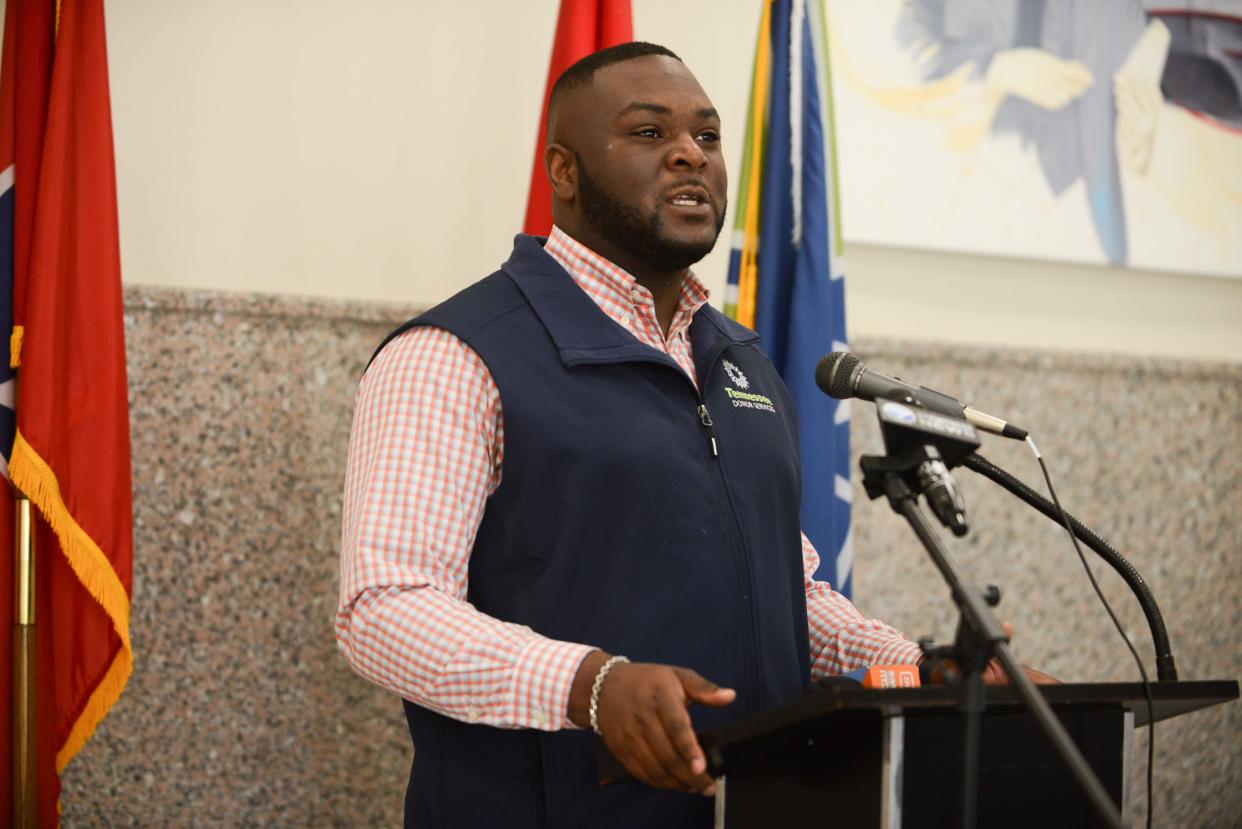 Byron Elam speaks about West Tennessee Healthcare's record high number of organ transplants in 2023 inside Jackson City Hall, on Friday, April 12, 2024.