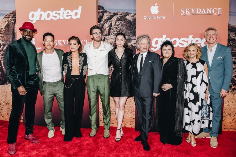 Mustafa Shakir, Mike Moh, Lizze Broadway, Chris Evans, Ana de Armas, Dexter Fletcher, Dalia Ibelhauptaitė, Amy Sedaris, and Tate Donovan at the premiere of "Ghosted" held at AMC Lincoln Square on April 18, 2023 in New York City.