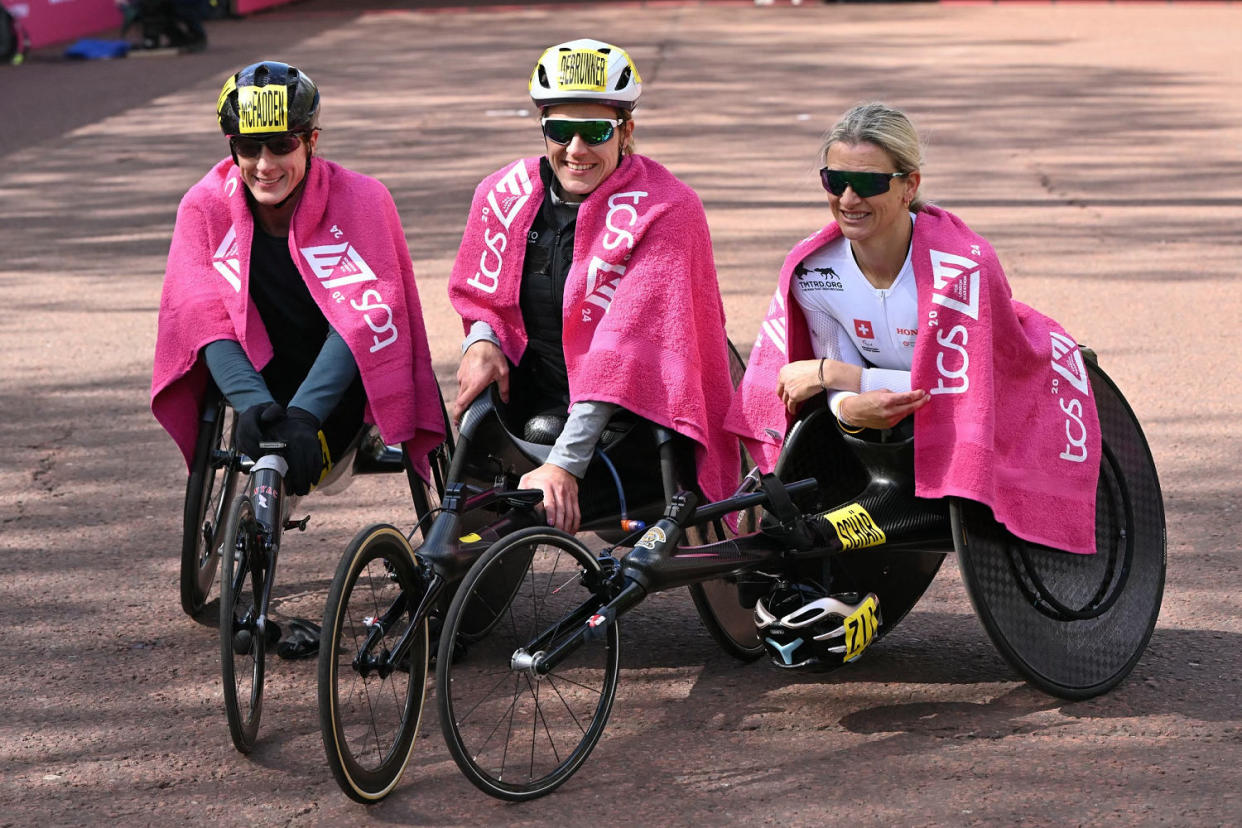 Third place U.S. athlete Tatyana McFadden, winner Switzerland's Catherine Debrunner and second place Switzerland's Manuela Schar (Justin Tallis / AFP via Getty Images)