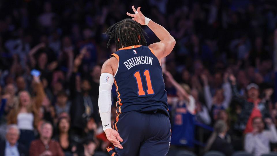 Apr 12, 2024; New York, New York, USA; New York Knicks guard Jalen Brunson (11) reacts after a three-point basket during the second half against the Brooklyn Nets at Madison Square Garden.