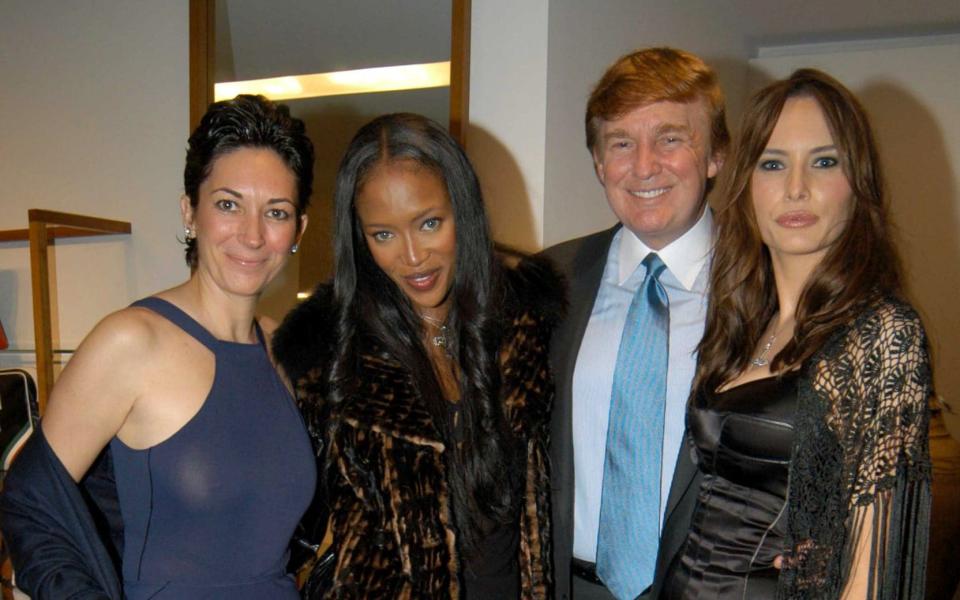 Ghislaine Maxwell with Naomi Campbell, Donald Trump and Melania Knauss in 2002 - Patrick McMullan