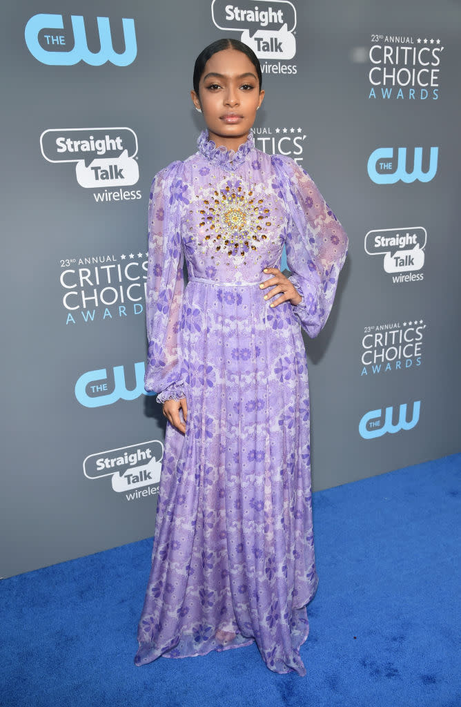 <p>The teenage <em>Grownish</em> star looked all grown up in a hippie-inspred lilac number. (Photo: Getty Images) </p>