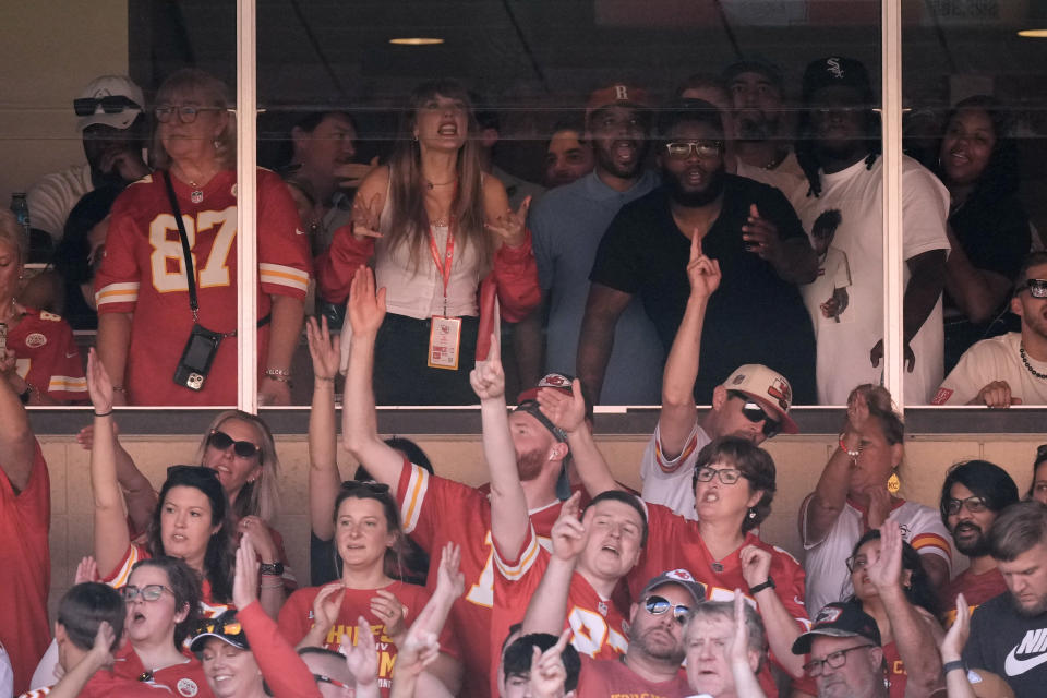 FILE - Singer Taylor Swift watches during the first half of an NFL football game between the Kansas City Chiefs and the Chicago Bears Sunday, Sept. 24, 2023, in Kansas City, Mo. Taylor Swift and Travis Kelce have remained mum about their status since the pop superstar began attending the Kansas City Chiefs tight end's football games. Swift’s broad appeal, not just in the U.S. but globally, and Kelce’s status as the NFL’s best player at his position and the second-best player, behind quarterback Patrick Mahomes, on the reigning Super Bowl champions, along with the current state of non-stop coverage via cell phones, make this celebrity-athlete pairing more powerful than the many preceding it.(AP Photo/Charlie Riedel, File)