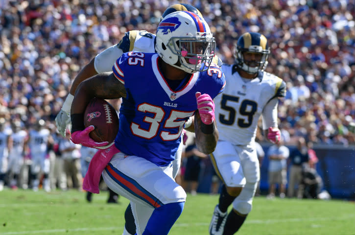 Oct 9, 2016; Los Angeles, CA, USA; Buffalo Bills running back Mike Gillislee (35) runs 5 yards into the end zone for a touchdown in the 2nd quarter against the Los Angeles Rams at Los Angeles Memorial Coliseum. Mandatory Credit: Robert Hanashiro-USA TODAY Sports