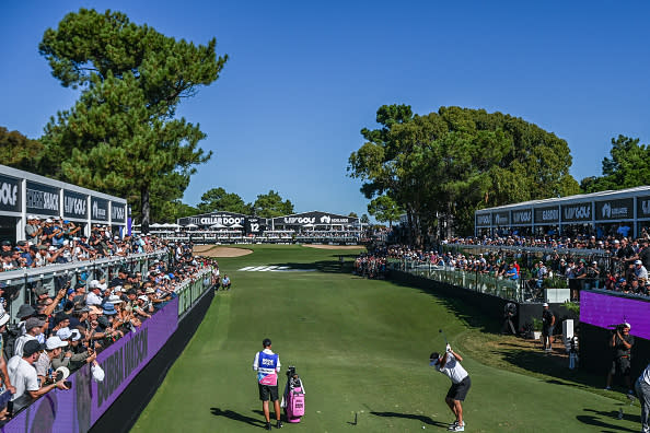 ADELAIDE, AUSTRALIA - APRIL 22: A general view as the gallery look on as Bubba Watson of RangeGoats GC tees off on the 12th hole during day two of Liv Golf Adelaide at The Grange Golf Course on April 22, 2023 in Adelaide, Australia. (Photo by Asanka Ratnayake/Getty Images)