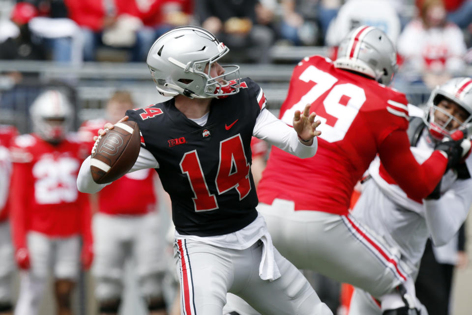 Ohio State quarterback Kyle McCord passes during the Buckeyes' spring NCAA college football game in Columbus, Ohio, Saturday, April 17, 2021. (AP Photo/Paul Vernon)