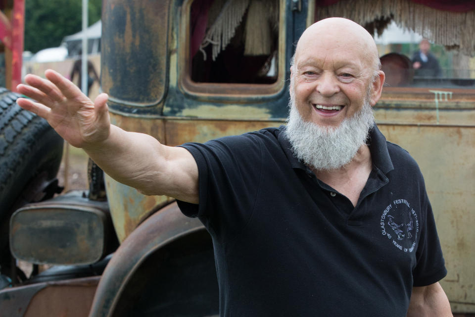 Glastonbury festival founder Michael Eavis backstage at the Glastonbury music festival on Sunday, June 28, 2015 at Worthy Farm, Glastonbury, England. (Photo by Jim Ross/Invision/AP)