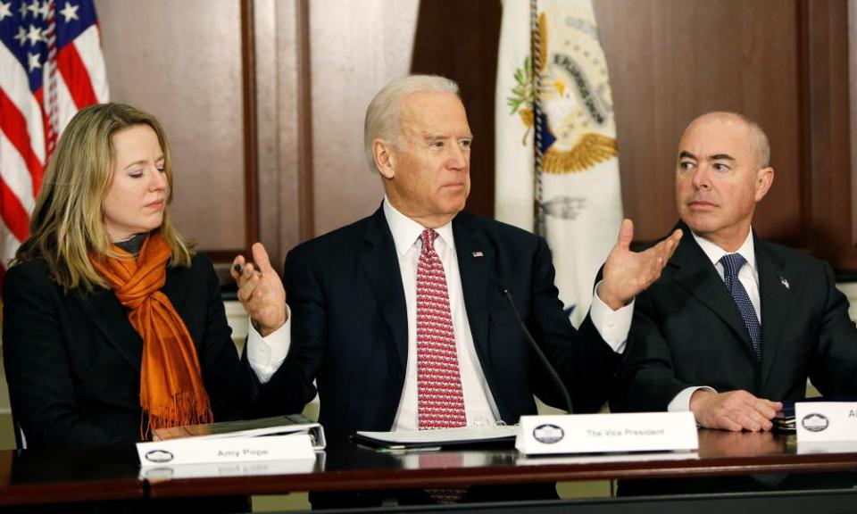 Alejandro Mayorkas, right, with then vice-president Joe Biden and Amy Pope of the National Security Council in this 2015 picture. Mayorkas is the nominee for homeland security chief.