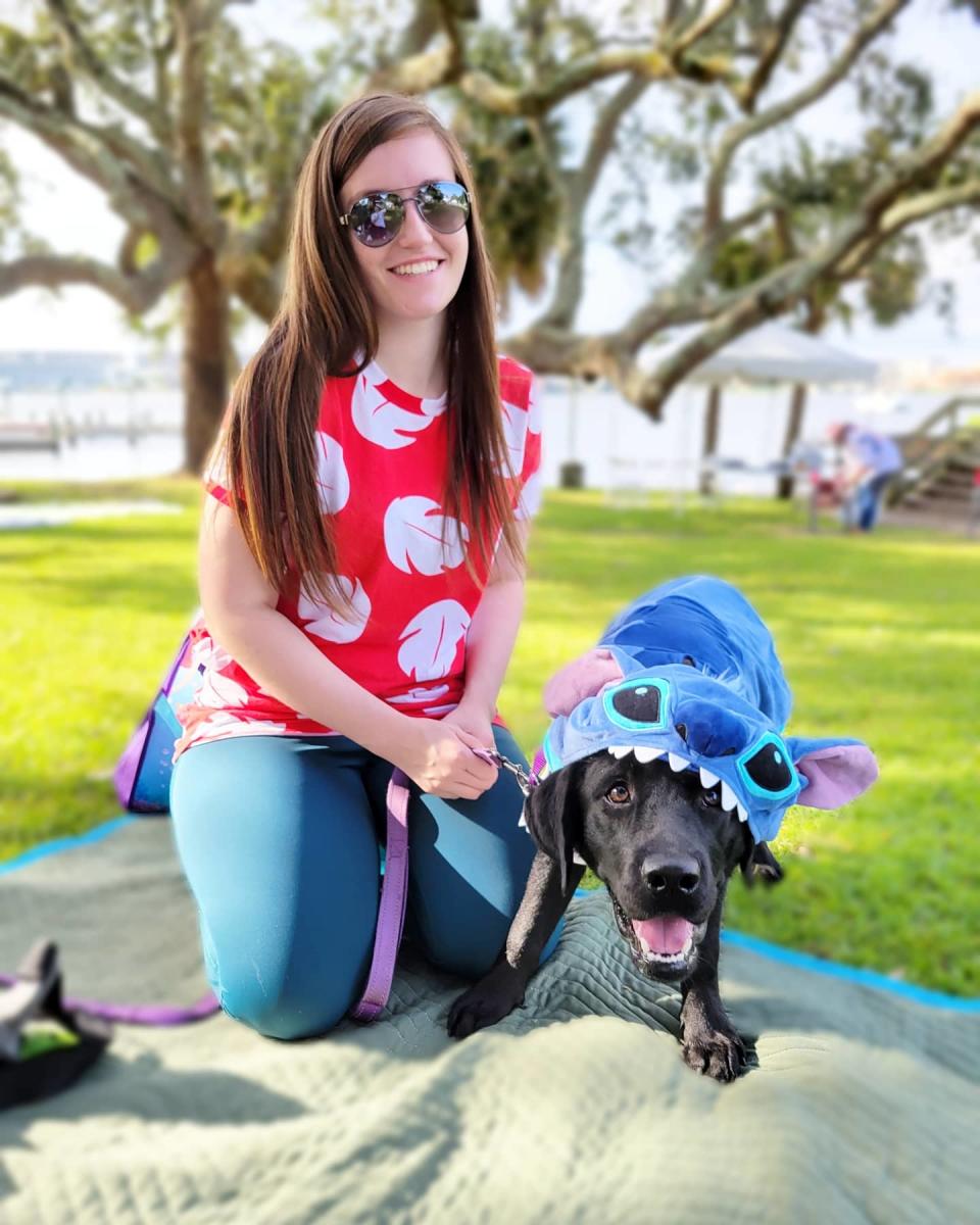 Disney fan Kayla and her dog Aria dressed as Lilo and Stitch for Halloween.