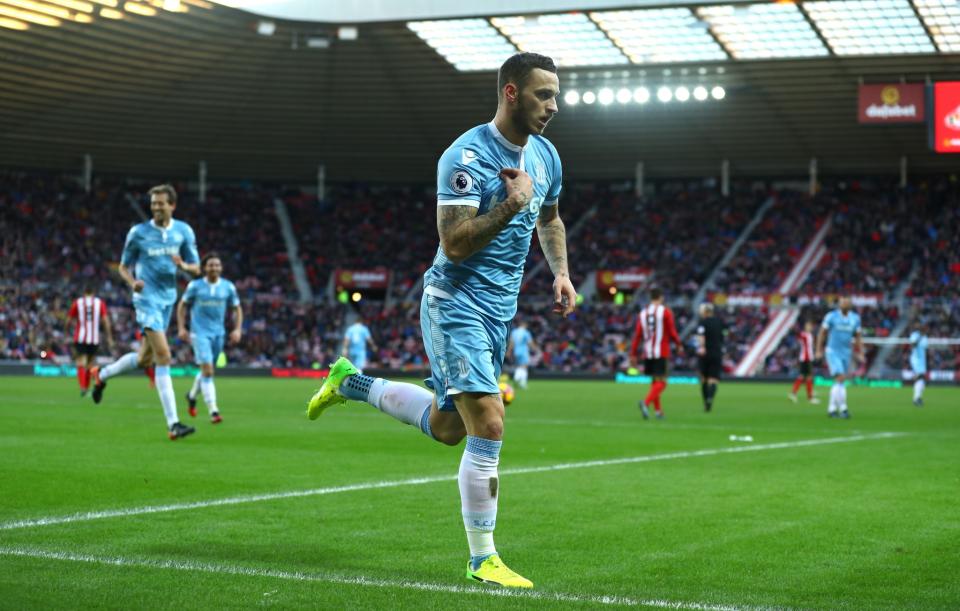 <p>Marko Arnautovic celebrates his second goal</p>