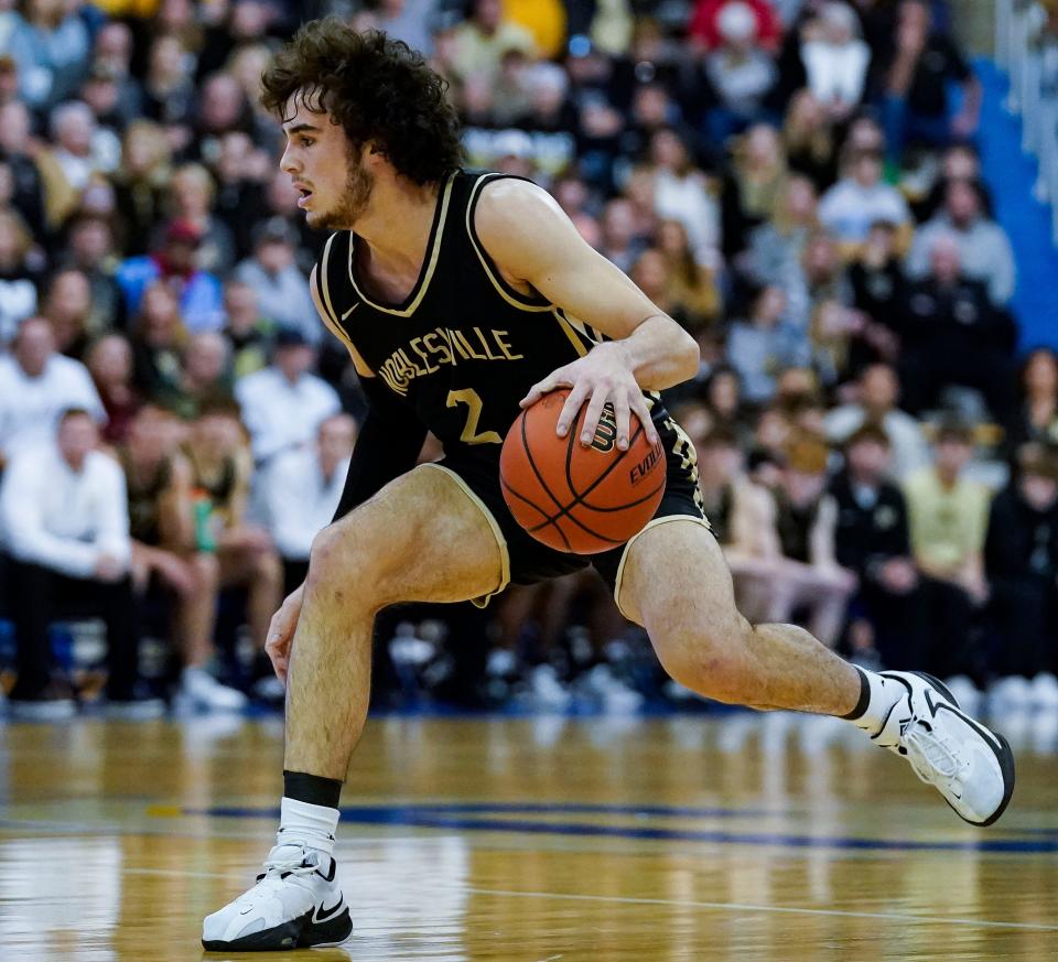 Noblesville Millers forward Luke Almodovar (2) rushes up the court during the IHSAA Class 4A sectional final on Saturday, March 4, 2023 at Carmel High School in Carmel. The Noblesville Millers defeated the Zionsville Eagles, 58-50. 