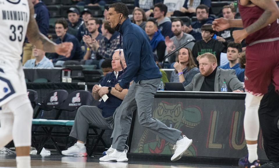 Monmouth men's basketball coach King Rice reacts to a call during the semifinal game of the MAAC Tournament between Monmouth and Rider played at Jim Whelan Boardwalk Hall in Atlantic City on Friday, March 11, 2022.