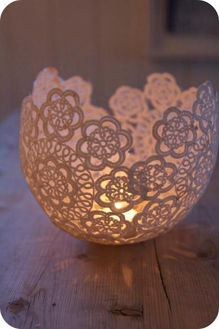 lace doilie fashioned in to a votive holder