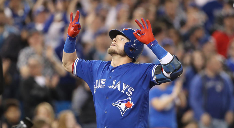 Flashing the "six" became Josh Donaldson's signature home run celebration while playing for the Blue Jays. (Photo by Tom Szczerbowski/Getty Images)