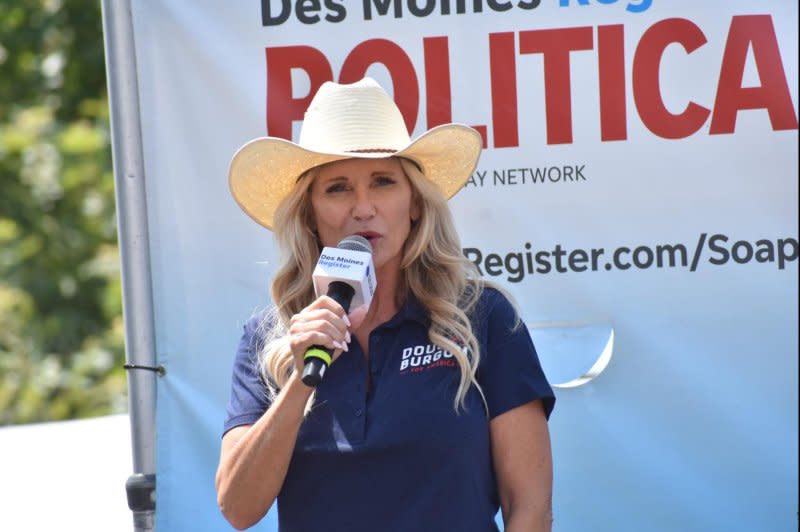 North Dakota first lady Kathryn Burgum introduces her husband, Gov. Doug Burgum, for a speech at the Iowa State Fair in Des Moines on Thursday. Photo by Joe Fisher/UPI