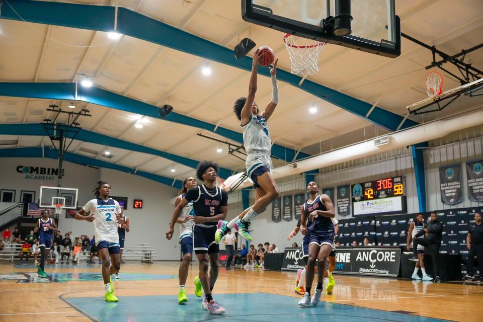 Dec 7, 2022; Lincolnton, NC, USA; Forward Trentyn Flowers goes up for the shot at Combine Academy. Mandatory Credit: Jim Dedmon-USA TODAY Sports