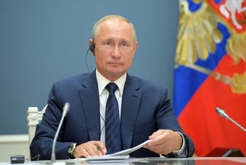 Russia's President Putin speaks with Turkey's President Erdogan and Iran's President Rouhani during a video conference call in Moscow