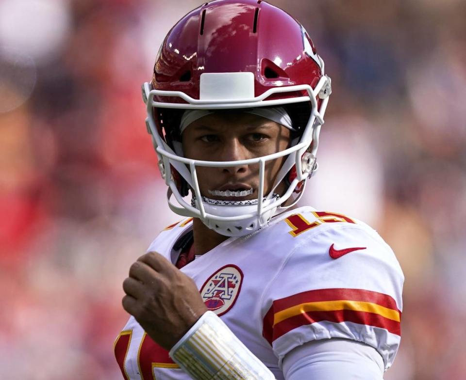 Chiefs quarterback Patrick Mahomes celebrates a touchdown last weekend against Washington at FedEx Field in Landover, Md.