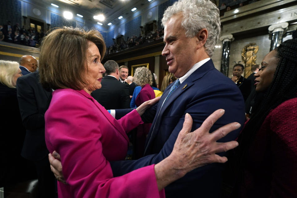 Rep. Nancy Pelosi, D-Calif., talks with White House chief of staff Jeff Zients before President Joe Biden delivers the State of the Union address to a joint session of Congress at the Capitol, Tuesday, Feb. 7, 2023, in Washington. (Jacquelyn Martin, Pool)