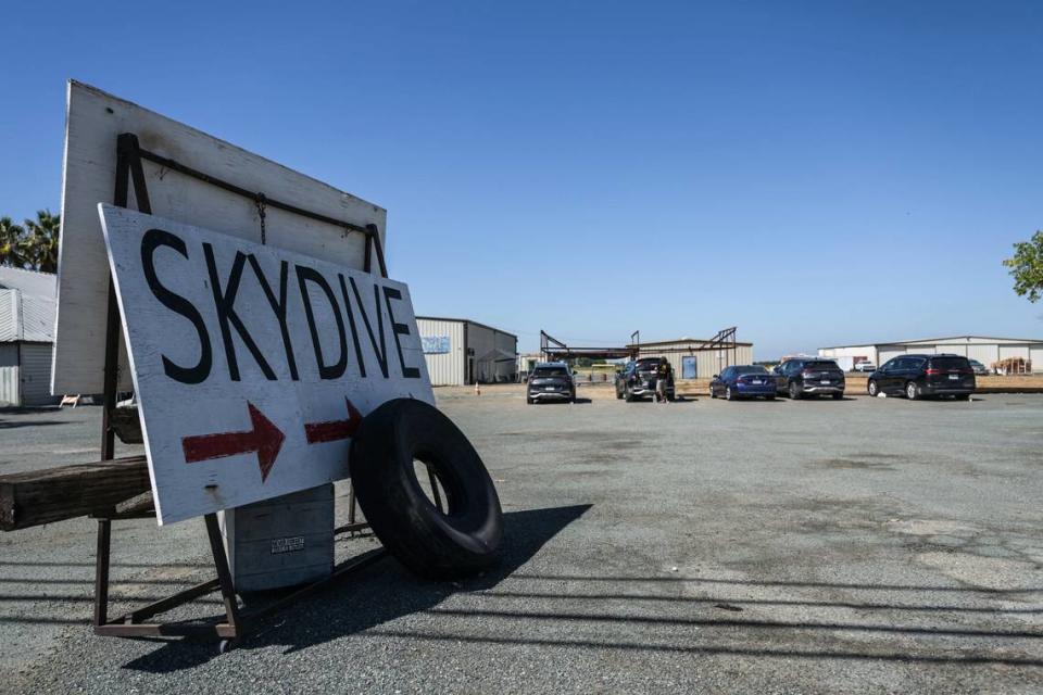 A sign points to the Parachute Center in September.