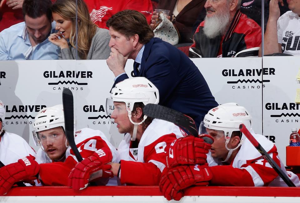 GLENDALE, AZ - FEBRUARY 07: Head coach Mike Babcock of the Detroit Red Wings watches from the bench during the second period of the NHL game against the Arizona Coyotes at Gila River Arena on February 7, 2015 in Glendale, Arizona. (Photo by Christian Petersen/Getty Images)