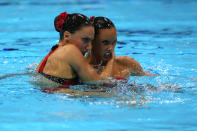 LONDON, ENGLAND - AUGUST 07: Ballestero Carbonell and Andrea Fuentes Fache of Spain compete in the Women's Duets Synchronised Swimming Free Routine Final on Day 11 of the London 2012 Olympic Games at the Aquatics Centre on August 7, 2012 in London, England. (Photo by Clive Rose/Getty Images)