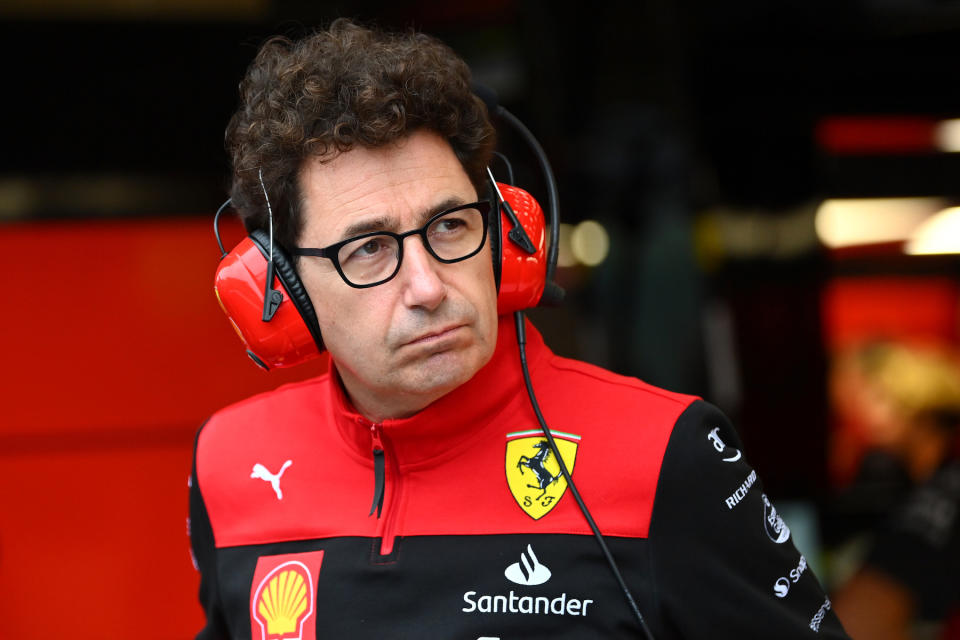 SPA, BELGIUM - AUGUST 26: Scuderia Ferrari Team Principal Mattia Binotto looks on in the garage during practice ahead of the F1 Grand Prix of Belgium at Circuit de Spa-Francorchamps on August 26, 2022 in Spa, Belgium. (Photo by Dan Mullan/Getty Images)