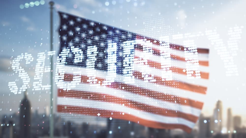  Virtual cyber security creative concept on US flag and city background. Double exposure 