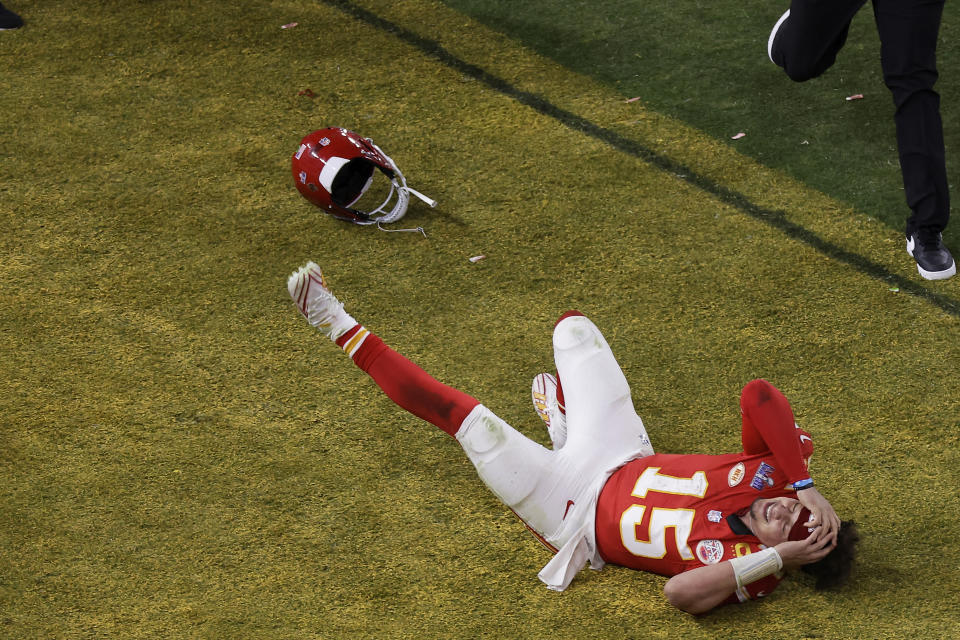 Chiefs quarterback Patrick Mahomes celebrates after throwing the game-winning touchdown against the 49ers in Super Bowl LVIII. (AP Photo/Adam Hunger)