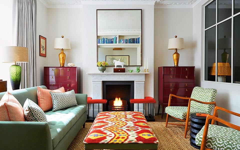 The lacquer chests in the sitting room are from Chelsea Textiles (chelseatextiles.com); the ottoman is covered in a vintage ikat from Rug Store (rugstoreonline.co.uk) - Paul Massey