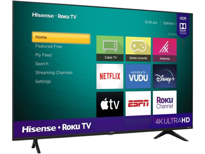 An angled view of the 50-inch Hisense R6G 4K Roku TV.