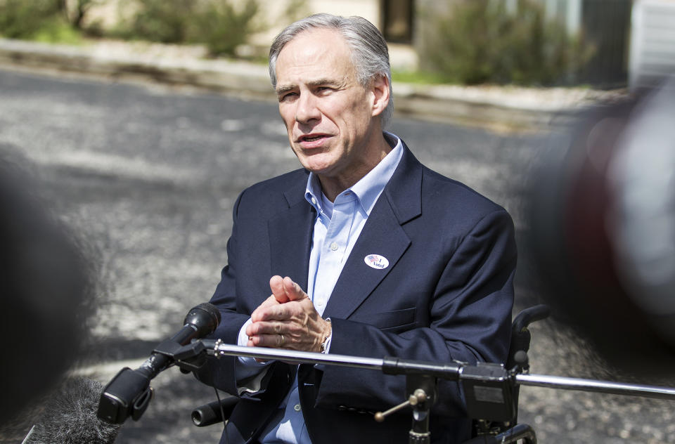 Republican gubernatorial candidate Greg Abbott speaks with the media after casting his vote at Western Hills Church of Christ in Austin, Texas, on Tuesday, March 4, 2014. (AP Photo/Austin American-Statesman, Ricardo Brazziell)