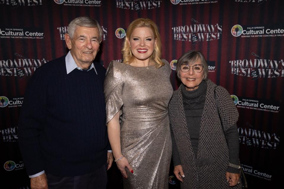 Sponsors Stewart and Senator Barbara Boxer pose with Megan Hilty following her Broadway’s Best ... in the West concert on Dec. 9, 2023.