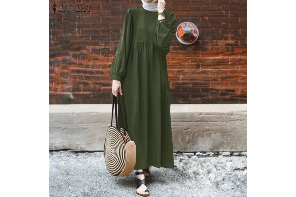 ZANZEA Women Long Puff Sleeve Solid Color Casual Plus Size Muslim Long Dress. (Photo: Shopee SG)