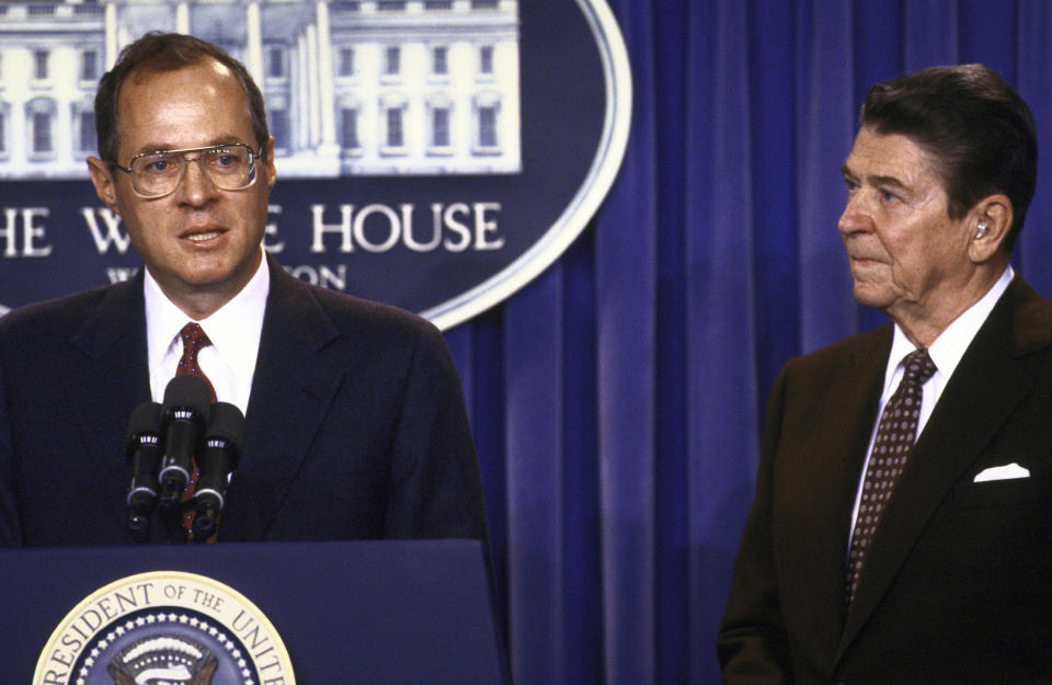 Anthony Kennedy speaks to the press after his nomination to the Supreme Court, as President Ronald Reagan listens. (Photo: Dirck Halstead/The Life Images Collection/Getty Images)