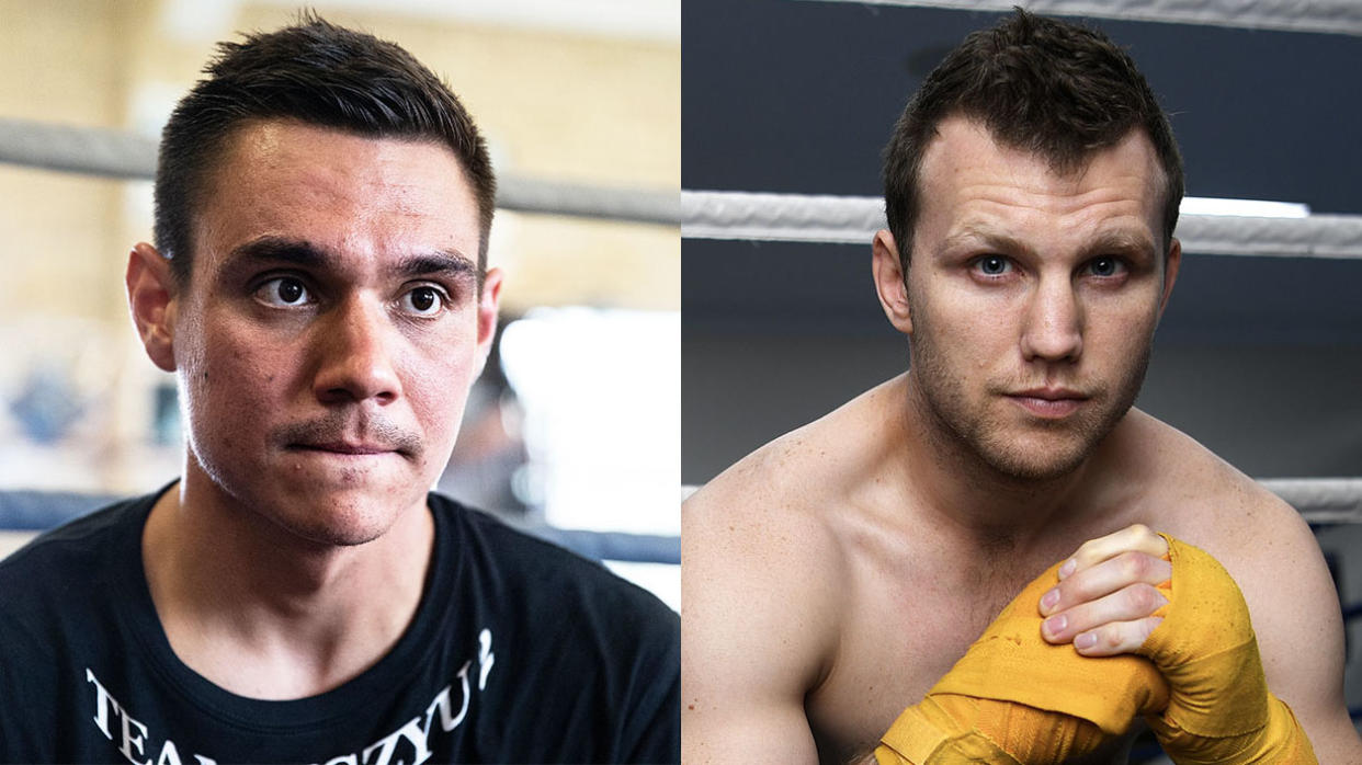 Jeff Horn (pictured right) posing for a portrait and Tim Tszyu (pictured left) looking on during training.