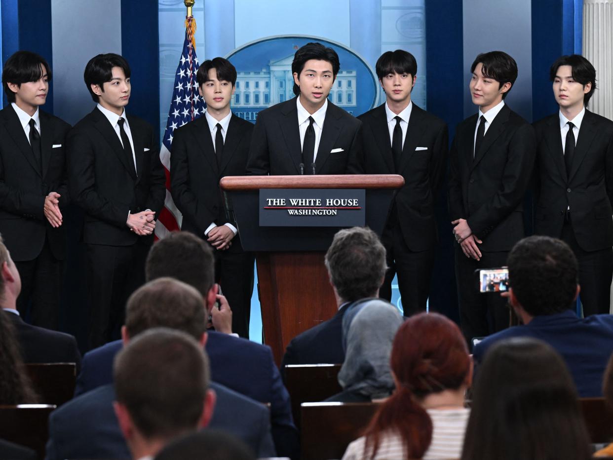 An image of Korean band BTS at the White House press briefing room.