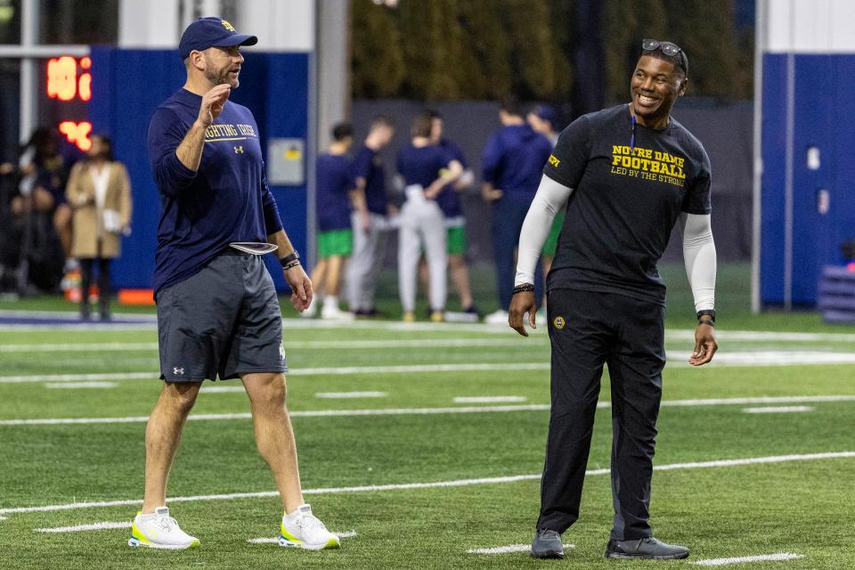 Notre Dame offensive coordinator Gerad Parker and Notre Dame running backs coach Deland McCullough during Notre Dame Spring Practice on Wednesday, March 22, 2023, at Irish Athletics Center in South Bend, Indiana.