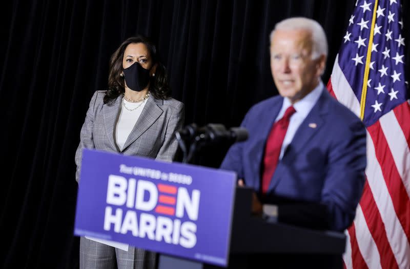 Democratic presidential candidate Biden and vice presidential candidate Harris face reporters at campaign event in Wilmington, Delaware