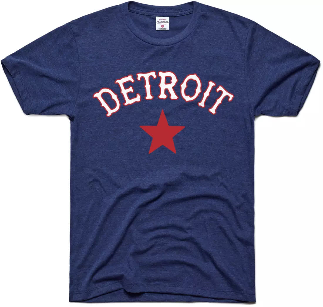 Blue Detroit shirt.