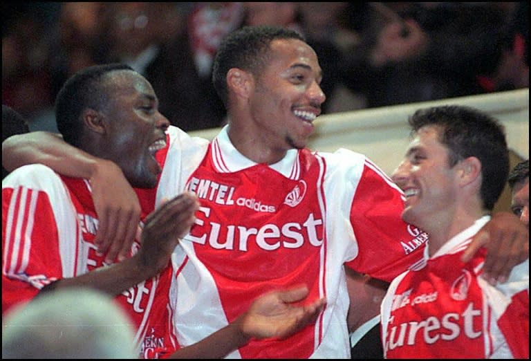 Henry with Monaco teammates Victor Ikpeba and John Collins in 1997