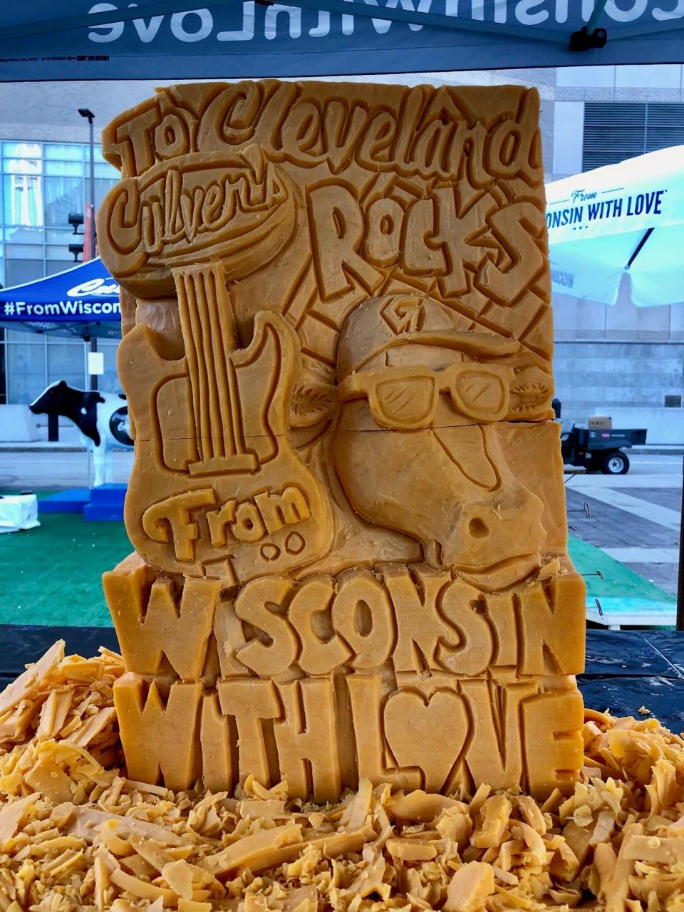 A guitar representing the Rock and Roll Hall of Fame and a Guardians baseball cap on the cow's head added local flavor to the cheese sculpture at the Culver's food truck stop in Cleveland. Sarah Kaufmann, a Manitowoc native, carved sculptures in Cleveland and other select stops of the tour.