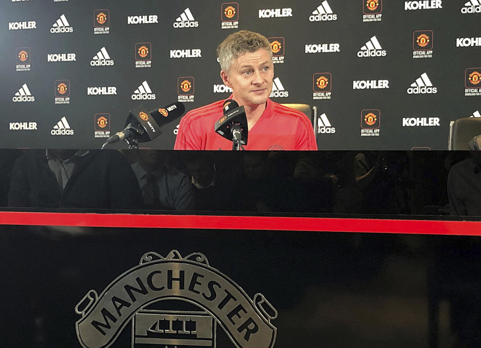 Manchester United interim manager Ole Gunnar Solskjaer attends a press conference at Carrington Training Ground, Manchester, England Friday Dec. 21, 2018 ahead of his first match in charge away to Cardiff on Saturday. (Simon Peach/PA via AP)