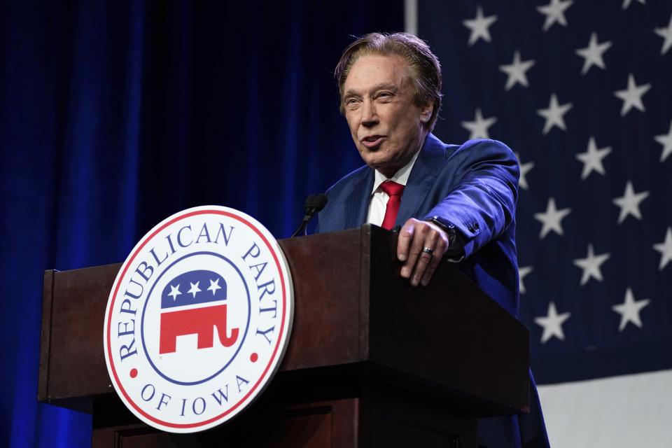 Republican presidential candidate author Perry Johnson speaks at the Republican Party of Iowa's 2023 Lincoln Dinner in Des Moines, Iowa, Friday, July 28, 2023. (AP Photo/Charlie Neibergall)