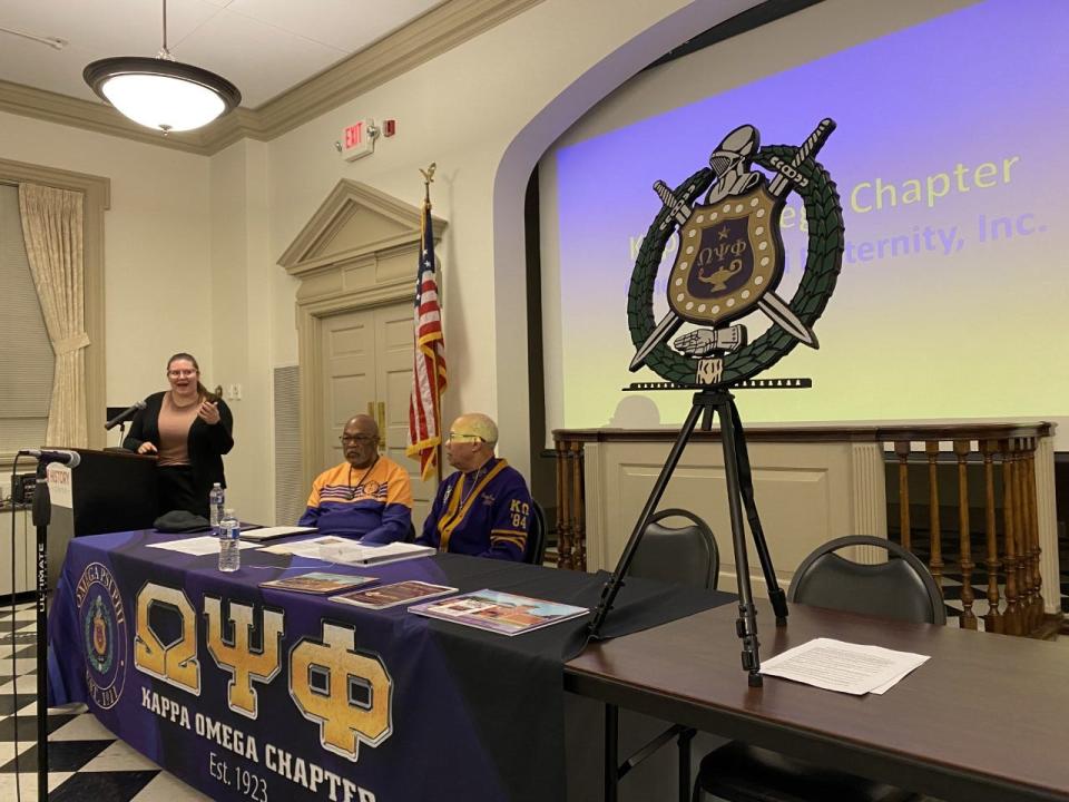 The York County History Center’s Caroline Smith introduces Kappa Omega Chapter members Jeff Kirkland, center, and Lance Freeman at a presentation about the chapter in February. Two other Kirkland brothers, Eric and Kerry, also are members.