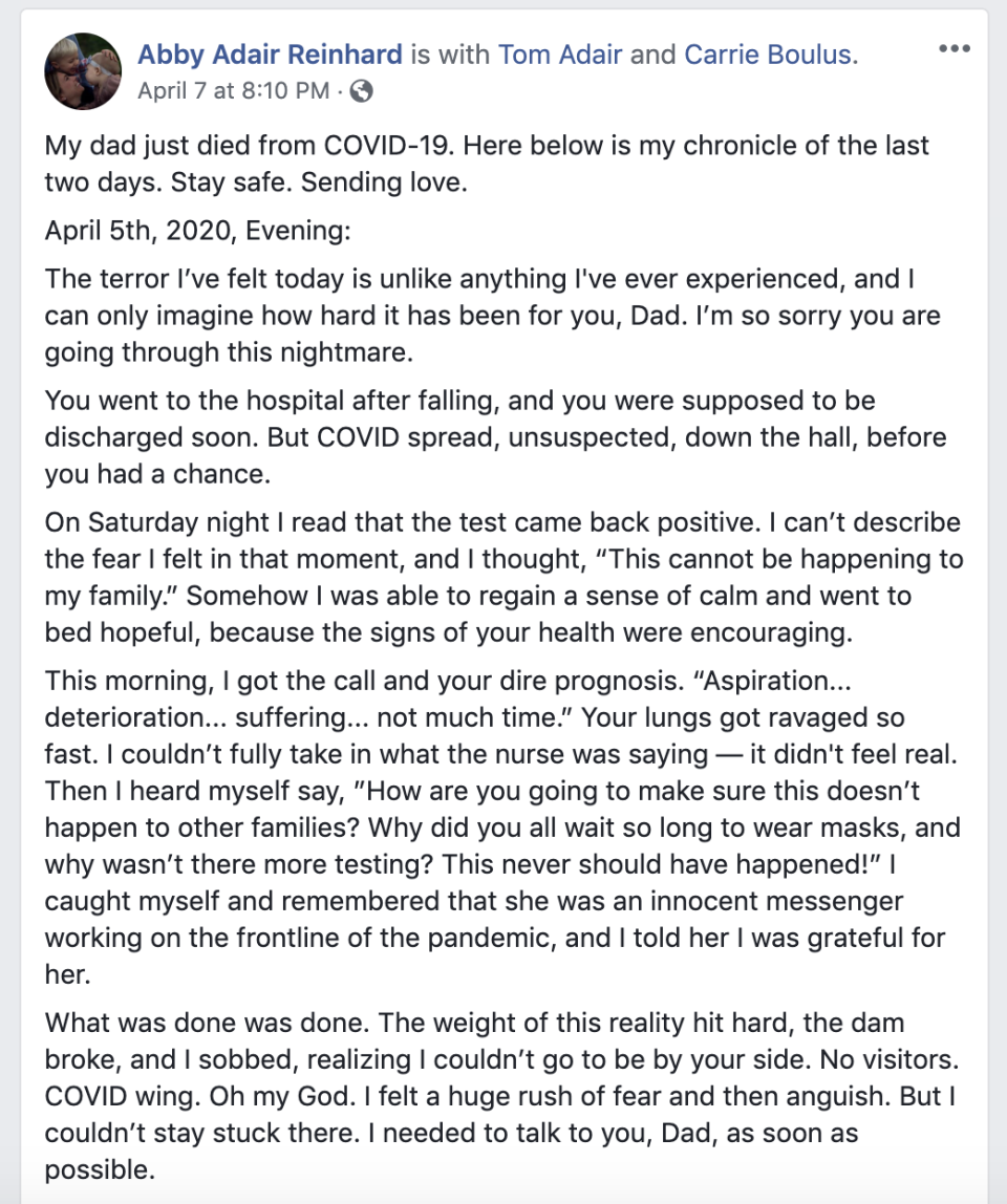 Abby Adair Reinhard wrote down her experiences in the death of her father and shared them on Facebook.