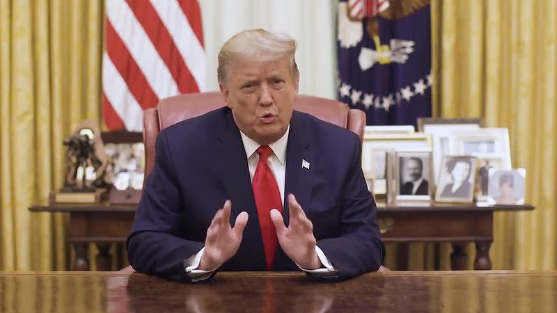 U.S. President Donald Trump speaks in a video message released via Twitter in Washington