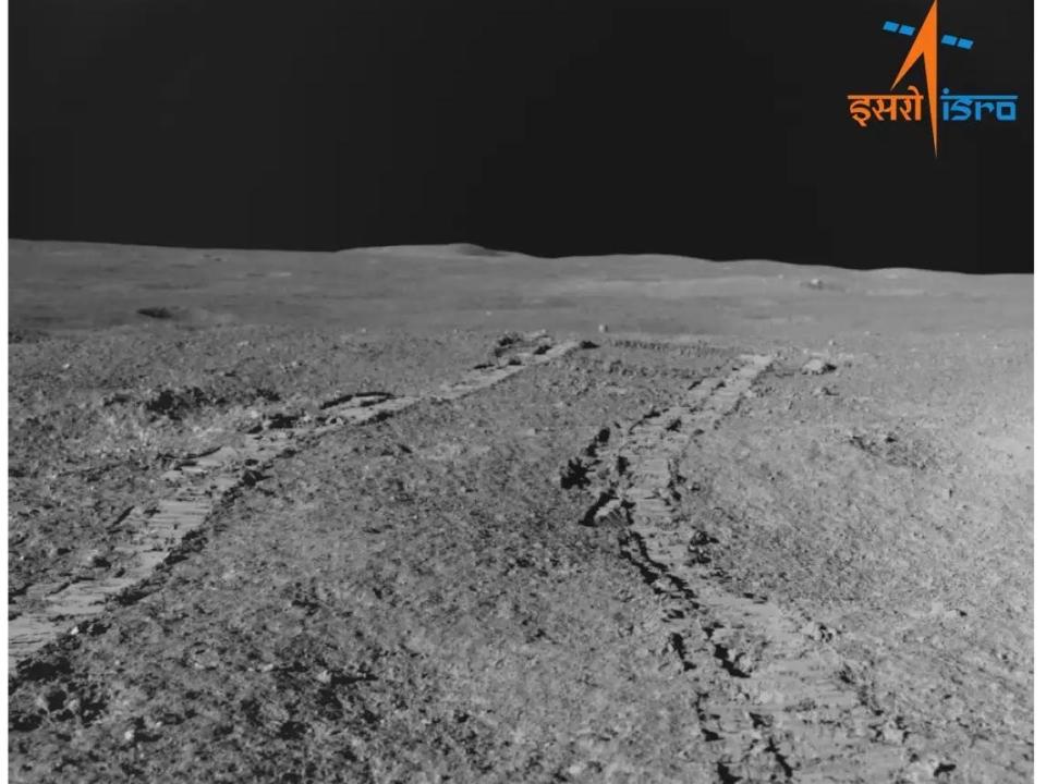 Tracks of India's moon rover on the moon.