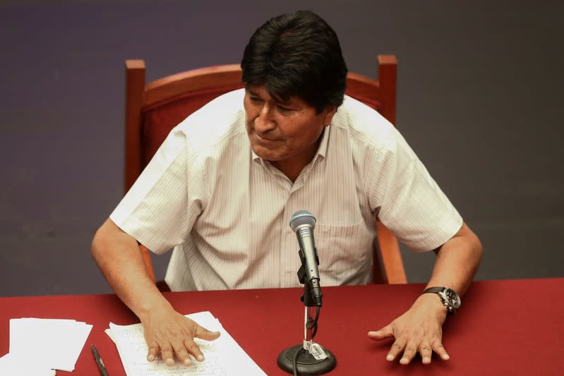 Bolivia's former President Evo Morales attends a news conference in Mexico City